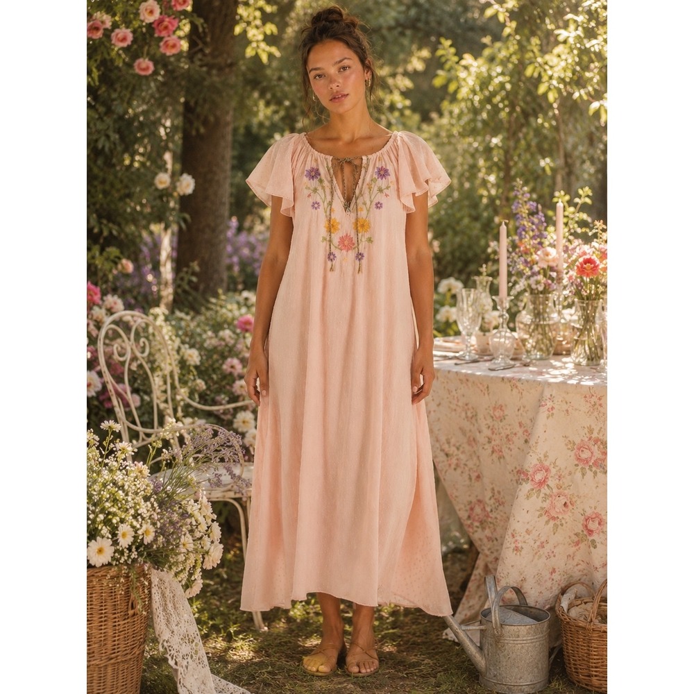 Free People Savannah Rose Midi Dress Womens Small Pink Embroidered Boho NWT
